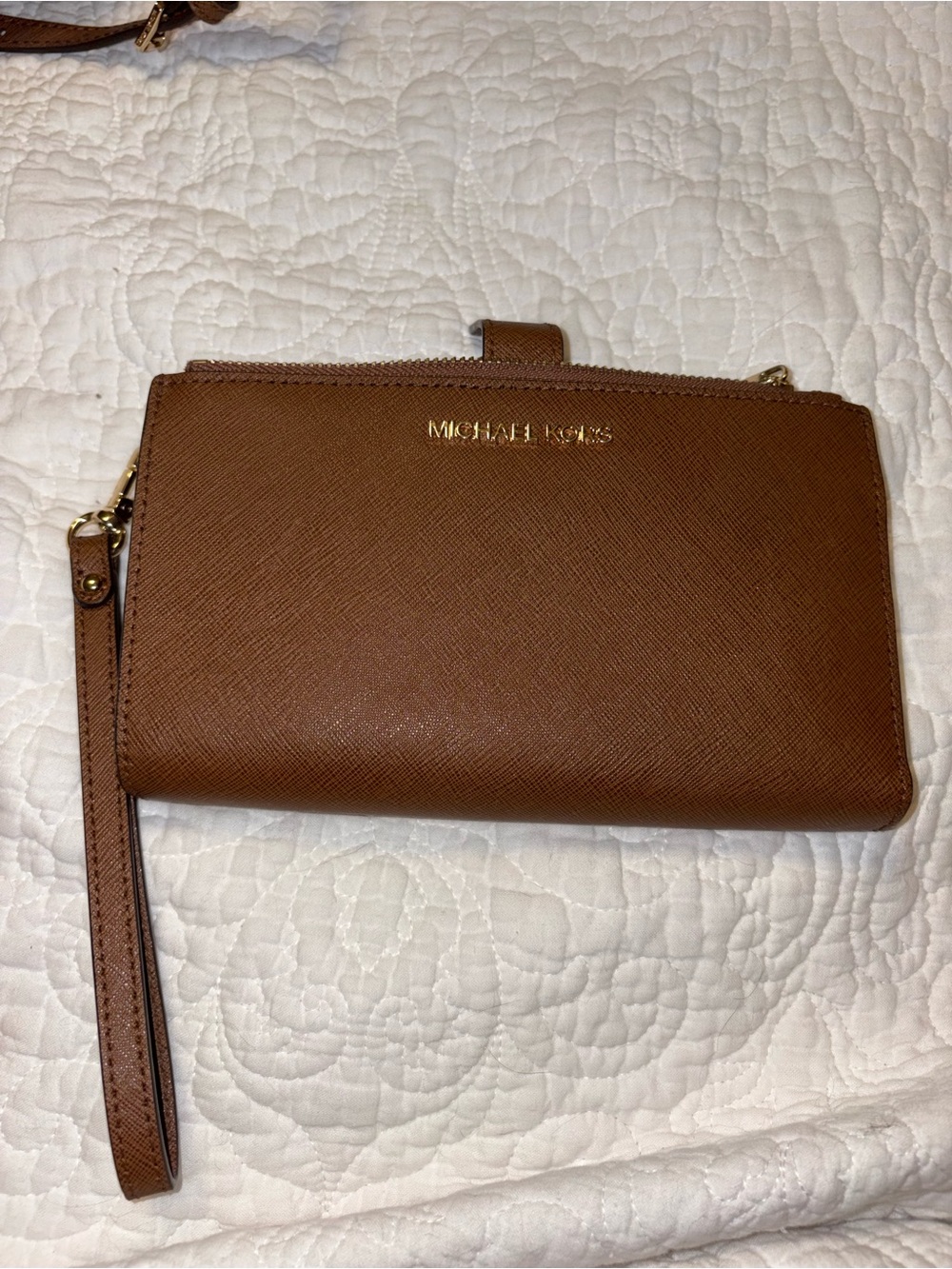 MICHAEL KORS Brown Saffiano Leather Wristlet Clutch